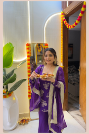 Aara Royal Purple Chinon Silk Palazzo Suit